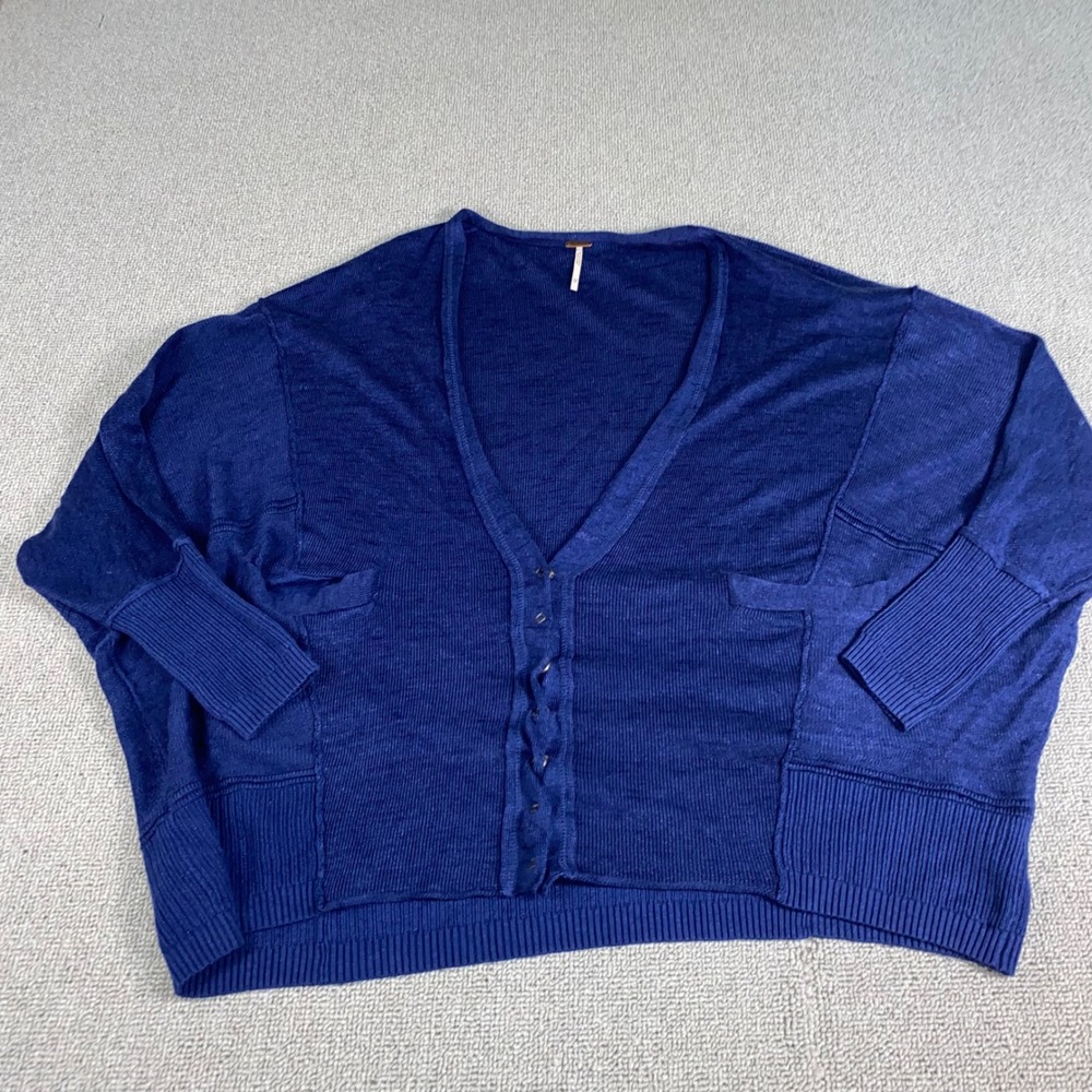 Free People Cardigan Womens XS Blue Linen Blend Knit Oversized Boho Button Front